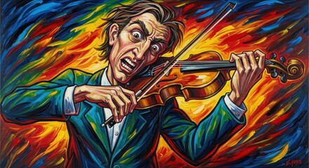 Intense violinist with fiery, colorful background, eyes wide, playing with focused passion, violin glowing