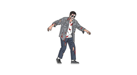 Illustration of a walking zombie with torn clothes and blood stains, isolated on white.