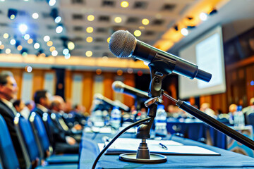 Modern microphone. Microphone positioned on conference table, with blurred audience in background, showcasing professional event atmosphere and highlighting importance of communication in gatherings