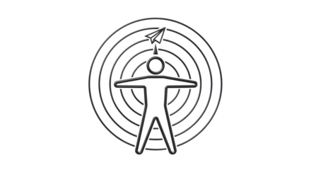 Isolated centered conceptual target illustration with human figure and paper airplane design