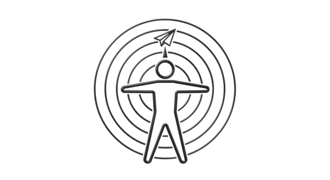 Isolated centered conceptual target illustration with human figure and paper airplane design