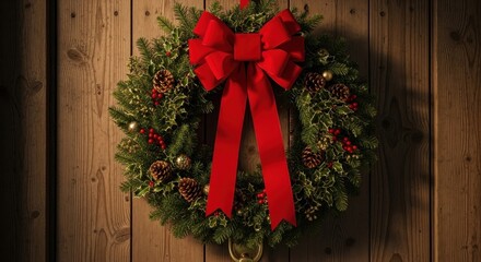 Holiday wreath with red bow adorns a wooden door, warmly lit