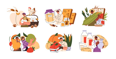 Concept set of local farmers. Vendors sell organic vegetables and fruit, natural milk, eggs and honey. Sellers of farm food are on market. Flat isolated vector illustrations on white background