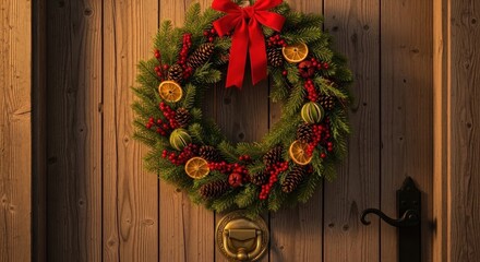 Festive wreath adorned with red berries and dried citrus, hanging on a wood door