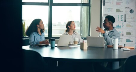 Boardroom, laptop and meeting with social media team in office for user engagement analysis. Charts, data and infographic with employee group in workplace to review algorithm metrics or statistics - Powered by Adobe