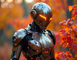 A metallic cyber suit covered in geometric circuits glowing amidst rusty orange and red fall foliage.