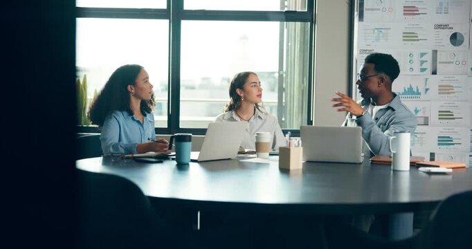 Boardroom, laptop and meeting with social media team in office for user engagement analysis. Charts, data and infographic with employee group in workplace to review algorithm metrics or statistics