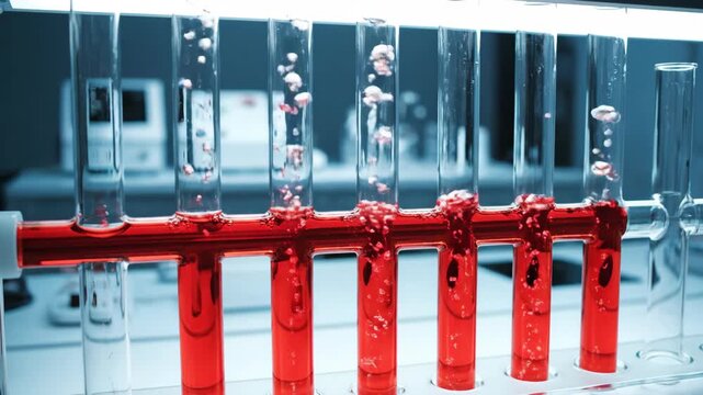 Test tubes some filled with red fluid and bubbles arranged in a horizontal rack under bright light