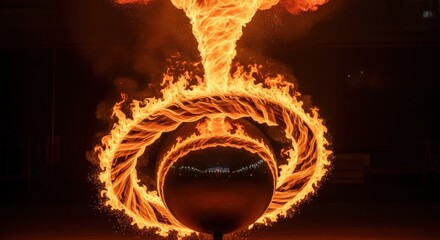 Fiery vortex a flaming ring surrounds a reflective sphere beneath a blazing tornado