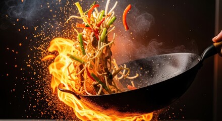 Fiery wok cooking, noodles and vegetables flying high over flames, sparks & smoke, held by a hand