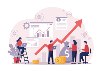 Modern Business Team Planning Financial Growth Strategy – Flat Style Vector Illustration with Charts, Graphs, Money Bag, Coins, Laptop, Arrow, Office Elements – Editable Design for Presentation.