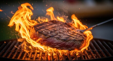 A thick cut of beef, seared over hot grill flames, held by tongs. Close up