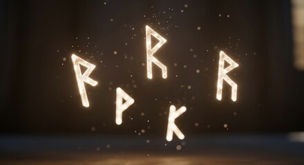 Glowing runes float against a dark background, creating a mystical and magical atmosphere. Sparkles and light enhance the scene