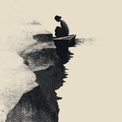 A solitary figure sits in a small boat by a cliff edge, a grayscale scene of contemplation