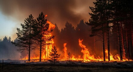 Forest engulfed by flames, towering trees silhouetted against an inferno. Thick smoke billows in the dusky sky, highlighting the destructive blaze