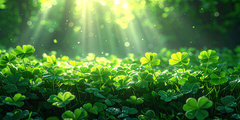 Enchanted field of vibrant green clovers bathed in golden sunlight, a symbol of good fortune and spring
