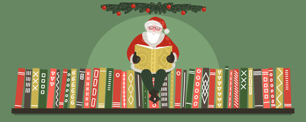 Santa Claus reading book on bookshelf. Christmas reading, books, library, literature concept.