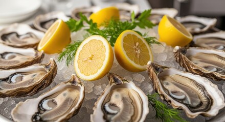 Oysters on ice with lemon halves and dill sprigs in a round platter, overhead, shallow depth of field