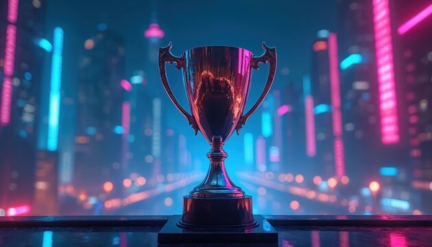 E-sports winner trophy stands against futuristic cityscape backdrop glowing with neon lights. Advanced technology theme, abstract night sky, blurred traffic lights, motion blur convey speed, digital