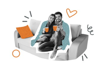 Composite photo collage of two happy girl guy cuddle together sit sofa cove blanket drink coffee cup love isolated on painted background