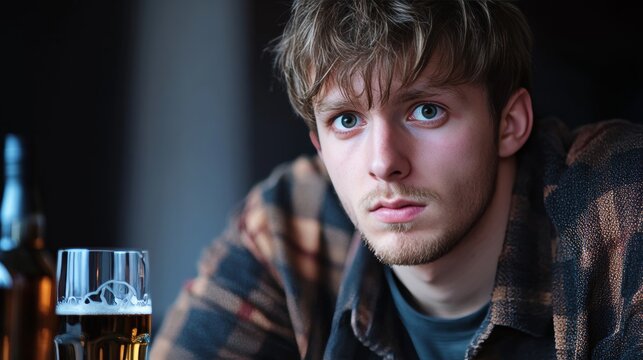 Despondent man in a dimly lit bar, grappling with depression and alcoholism, staring into his drink