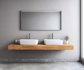 Modern bathroom vanity with floating wooden countertop, featuring two white rectangular sinks and a large framed mirror against a muted gray wall.
