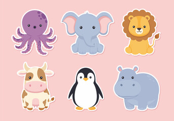 Obraz premium Set of Cute Cartoon Baby Animals - Penguin, Elephant, Lion, Octopus, Cow, Hippo Illustrations