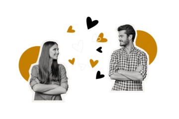 Composite photo collage of two happy girl guy love relationships valentine day celebration heart icon isolated on painted background