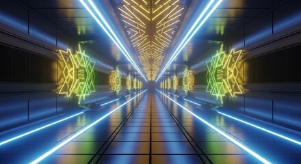 Futuristic corridor with illuminated geometric panels and reflective floor