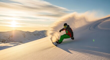 Snowboarder carving a pristine slope at sunset, snow spray flying
