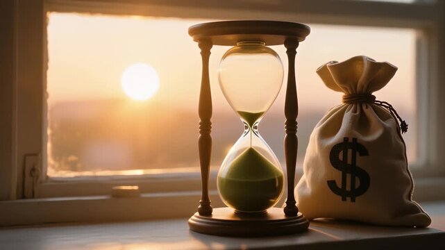 An hourglass and a money bag beside a sunlit window, symbolizing time and financial value.