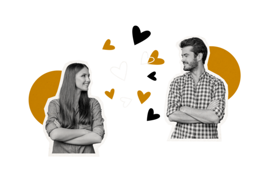 Composite photo collage of two happy girl guy love relationships valentine day celebration heart icon isolated on painted background - Powered by Adobe