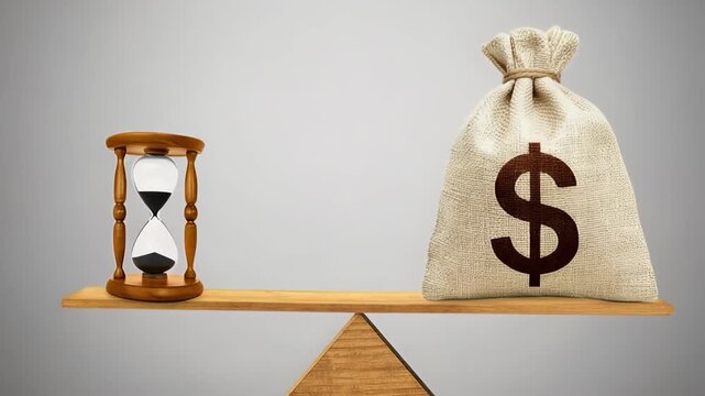 An hourglass balancing a money bag on a wooden scale symbolizing time and value.
