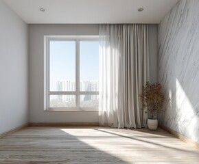 An empty room with a large window, light neutral tones, and a simple decor element.  A minimalist interior design concept featuring a warm and inviting ambiance.