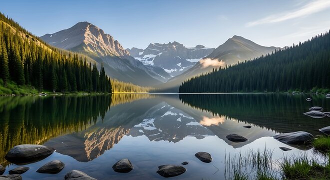 Serene mountain lake at dawn, reflecting a majestic mountain range in a glassy surface, with lush evergreen forests lining the shores.