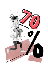 Vertical photo collage of two happy girl guy run percentage symbol black friday discount hurry...