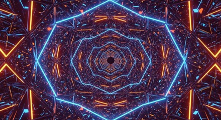 Neon-lined geometric tunnel with blue and orange light receding to a central point