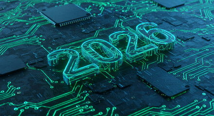 Transparent 2026 digits rest on a glowing circuit board, symbolizing technological advancements in the new year.