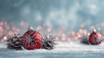 A magical winter holiday scene featuring red ornaments with silver snowflake patterns, snowy pinecones, faux snow on a textured surface, and warm fairy lights