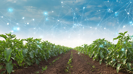 Agricultural field with digital network overlay representing smart farming technology