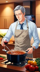 Cartoon style man cooking in the kitchen