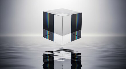 Clear cube refracts light, floating above rippling water, grey background