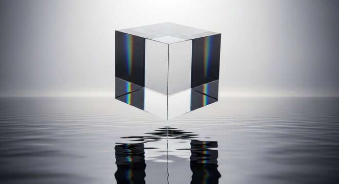 Clear cube refracts light, floating above rippling water, grey background - Powered by Adobe