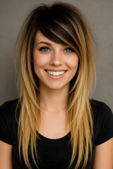 Naklejka premium Beautiful woman with long layered hairstyle smiling portrait