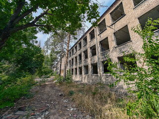 ruined street and destroyed houses the city Kiev war in Ukraine