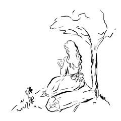Young woman in vintage dress reading book under tree in nature. Vector whimsical quickly sketch line art illustration. Perfect for book romance themes, journaling, literature projects, posters, decor.