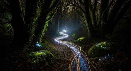 Mystical forest path, lit by light trails
