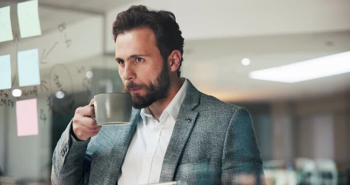 Businessman, coffee and schedule planning with tablet, glass board and agenda for night project. Man, employee or planner with technology, ideas or sticky note for mindmap or brainstorming work
