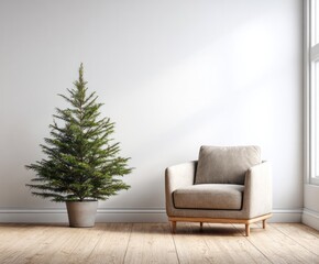 A minimalist living room scene showcases a small Christmas tree and a light taupe armchair, bathed in natural light.