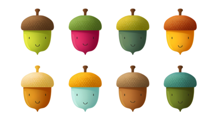 Cute colorful cartoon acorn characters with smiling faces illustration set on transparent background.